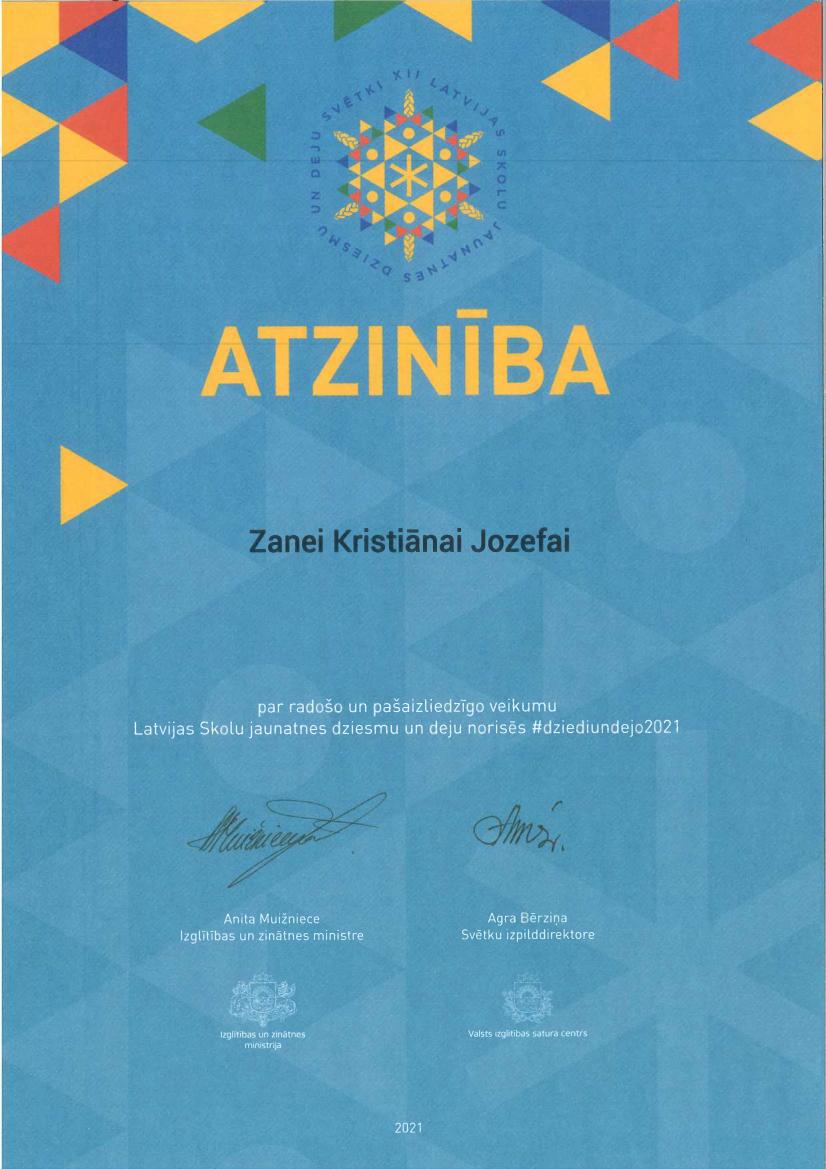 Atzinība. Zane Kristiāna Jozefa